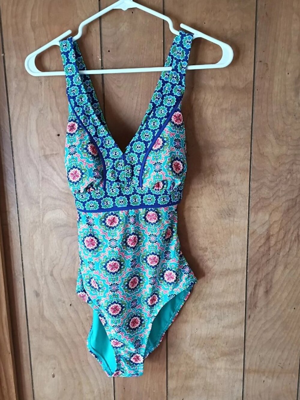 Catalina One Piece Swimsuit Womens M Blue Floral Boho Retro V Neck